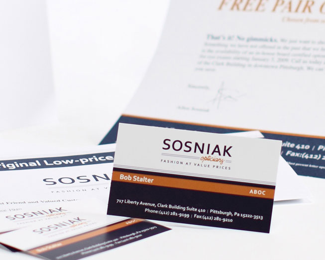 sosniak business card, letterhead, and brochure print design by ocreations in pittsburgh