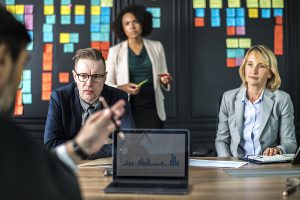 marketing manager talking to clients